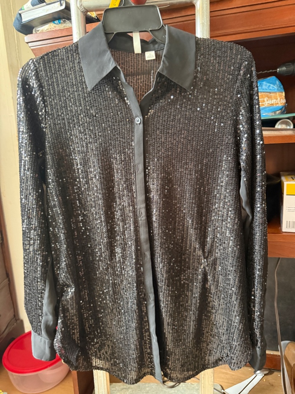 Cato Black Sequin Button-Front Blouse